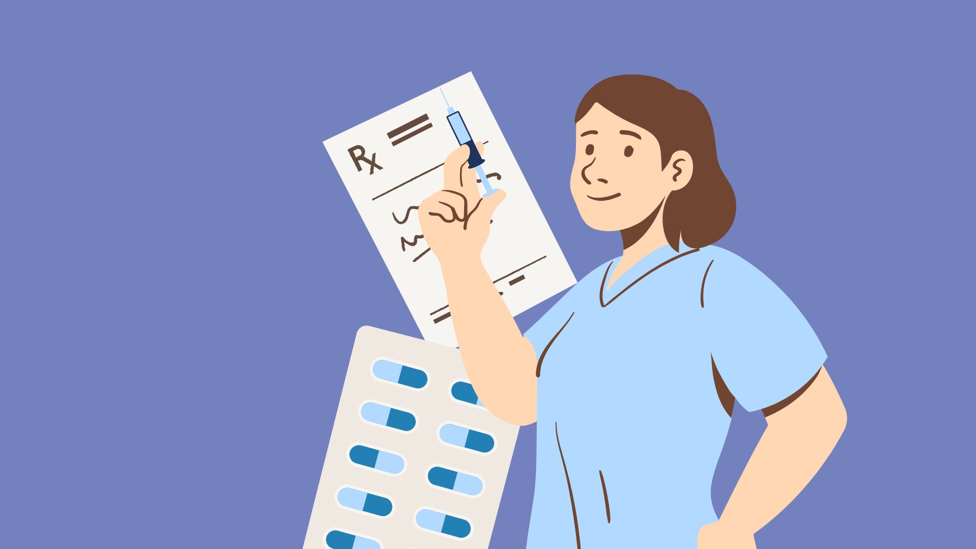 Eine Karikatur welche eine Krankenpflegerin zeigt, die eine Spritze in ihrer Hand hält und im Hintergrund sind Tabletten und ein Dokument zu sehen. 