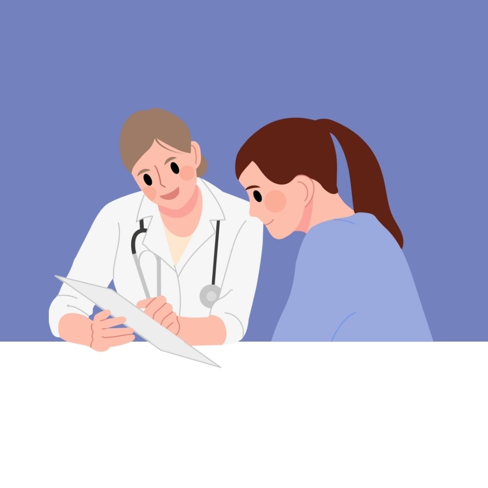 Eine Karikatur zeigt eine Ärztin die eine Patientin berät.